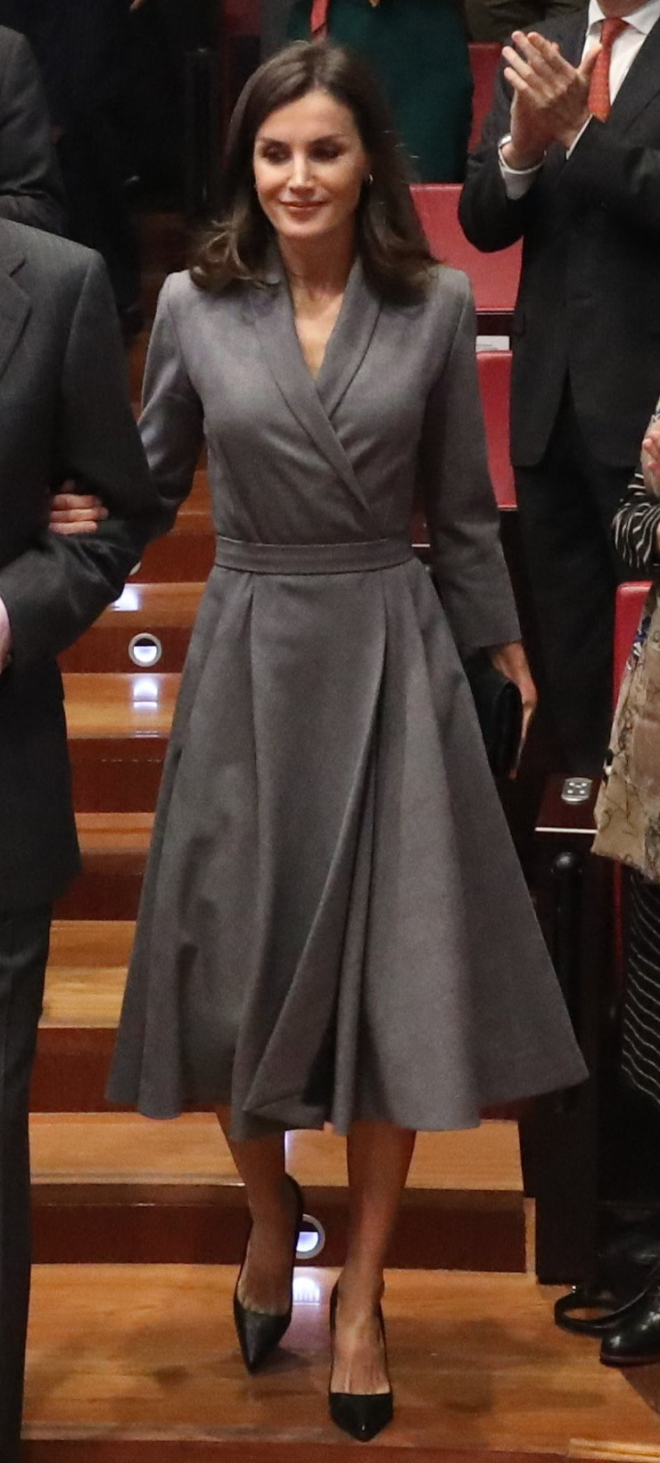 Queen Letizia wears grey shawl collared a-line dress at Observatory awards 2019