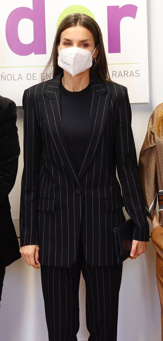 Queen Letizia wears Hugo Boss Kocani Pinstripe Blazer and Hugo Boss 'Ariysa' Pinstripe Cropped Trousers.