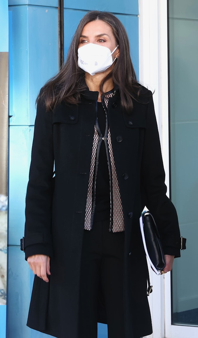 Queen Letizia wears black Hugo Boss wool trench coat