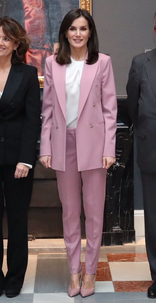 Queen Letizia wears petal pink Hugo Boss pant suit