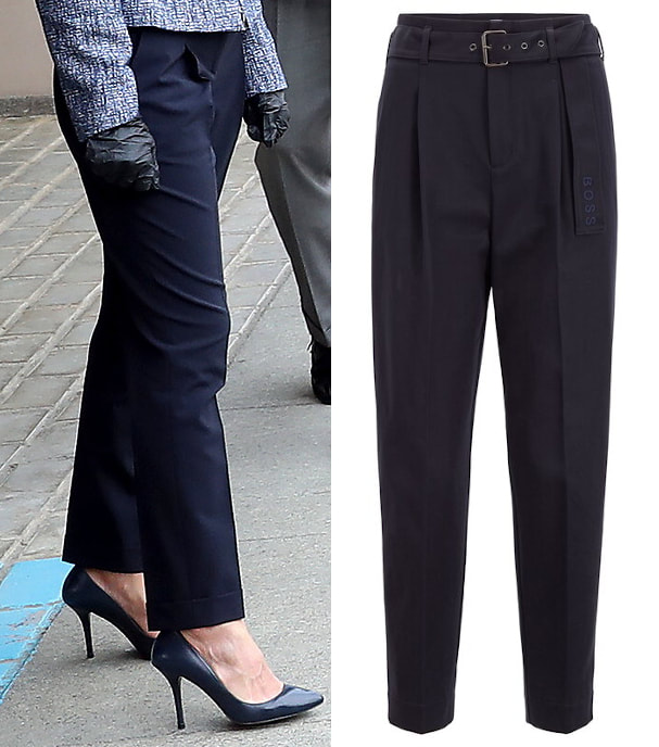 Queen Letizia wears dark blue Hugo Boss 'Safashy1' relaxed-fit paper-bag trousers
