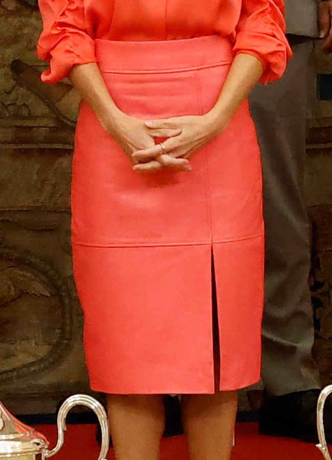 Queen Letizia wears Hugo Boss Setora Leather Skirt in Camelia