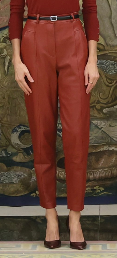 Queen Letizia wears Hugo Boss 'Sistine' Cropped Leather Trousers in Dark Red