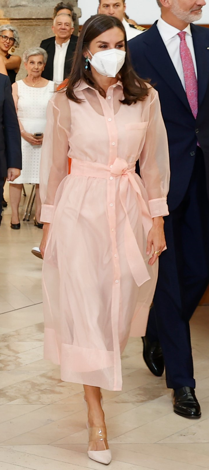 Queen Letizia wears pink Maje 'Roane' Organza Belted Midi Dress