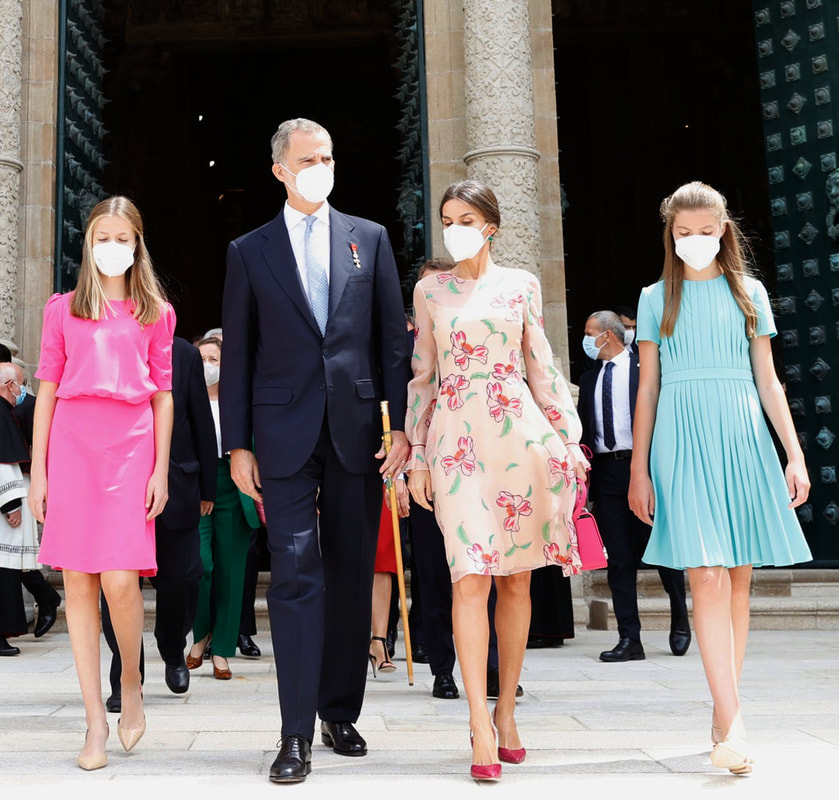 King Felipe VI and Queen Letizia of Spain accompanied by their daughters, Princess Leonor and Infanta Sofía, presided over the National Offering to the Apostle Santiago, Patron Saint of Spain, at the Cathedral of Santiago de Compostela on 25 July 2021