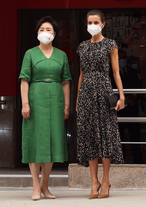 Queen Letizia of Spain accompanied by the First Lady of the Republic of Korea, Kim Jung-Sook, visited the ONCE Foundation headquarters in Madrid. on 16 June 2021