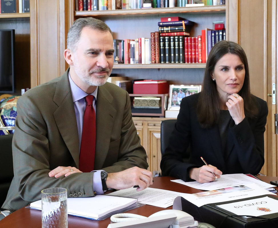 The King and Queen of Spain held mulitple video conferences from their home within the Palace of Zarzuela on 6 April 2020