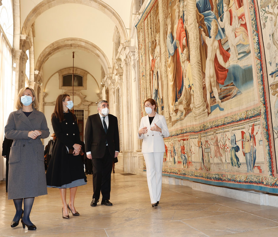 Queen Letizia of Spain inaugurated the opening of the exhibition 'Raphael en Palacio. Tapestries for Felipe II at the Royal Palace of Madrid on 3 December 2020