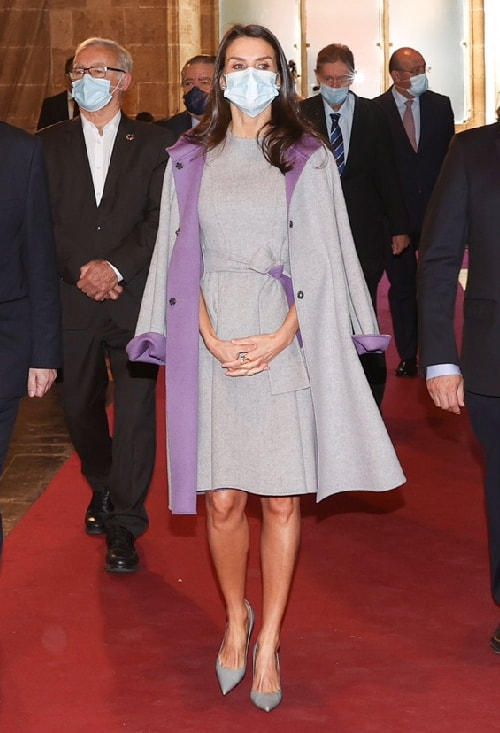 Queen Letizia looked glamorous in her grey Carolina Herrera double-face ensemble for a day in Valencia.