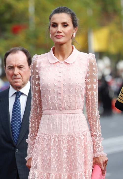 Queen Letizia wears pink Felipe Varela dress for the Fiesta Nacional de España (National Day) 2019