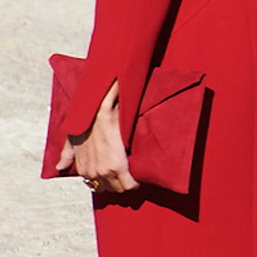 Queen Letizia carries Felipe Varela red suede flap clutch bag