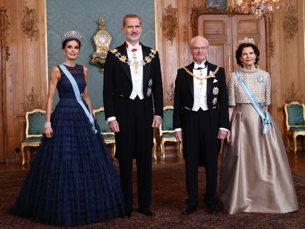 King Felipe VI and Queen Letizia of Spain attended a gala dinner in their honour hosted by King Carl XVI Gustaf and Queen Silvia at the Royal Palace in Stockholm.