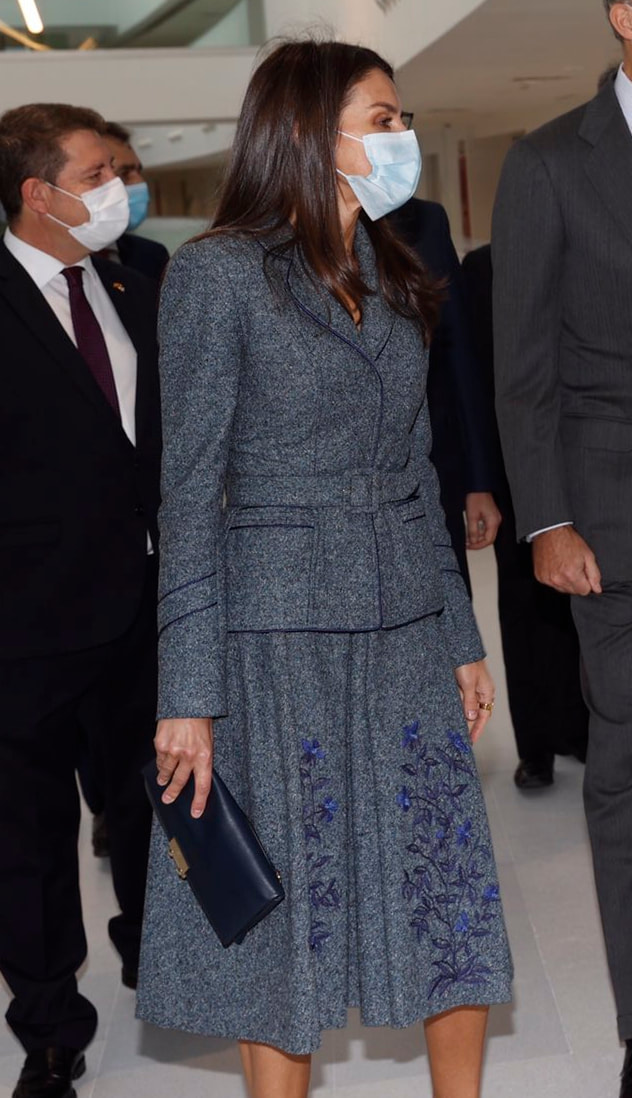 Queen Letizia wears grey-blue Felipe Varela belted wool jacket with embroidered box-pleat skirt for inauguration ceremony of the Hospital Universitario de Toledo (Toledo University Hospital) on 16 November 2020