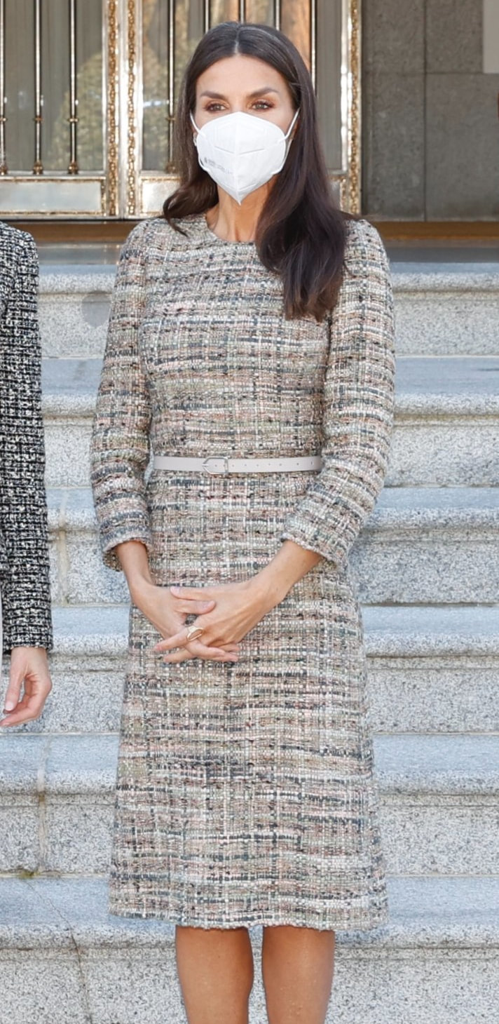 Queen Letizia wears tweed sheath dress
