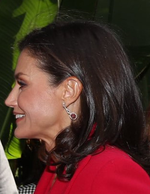 Queen Letizia wears Aldao Joyeros ruby cabochon and diamond dangle earrings