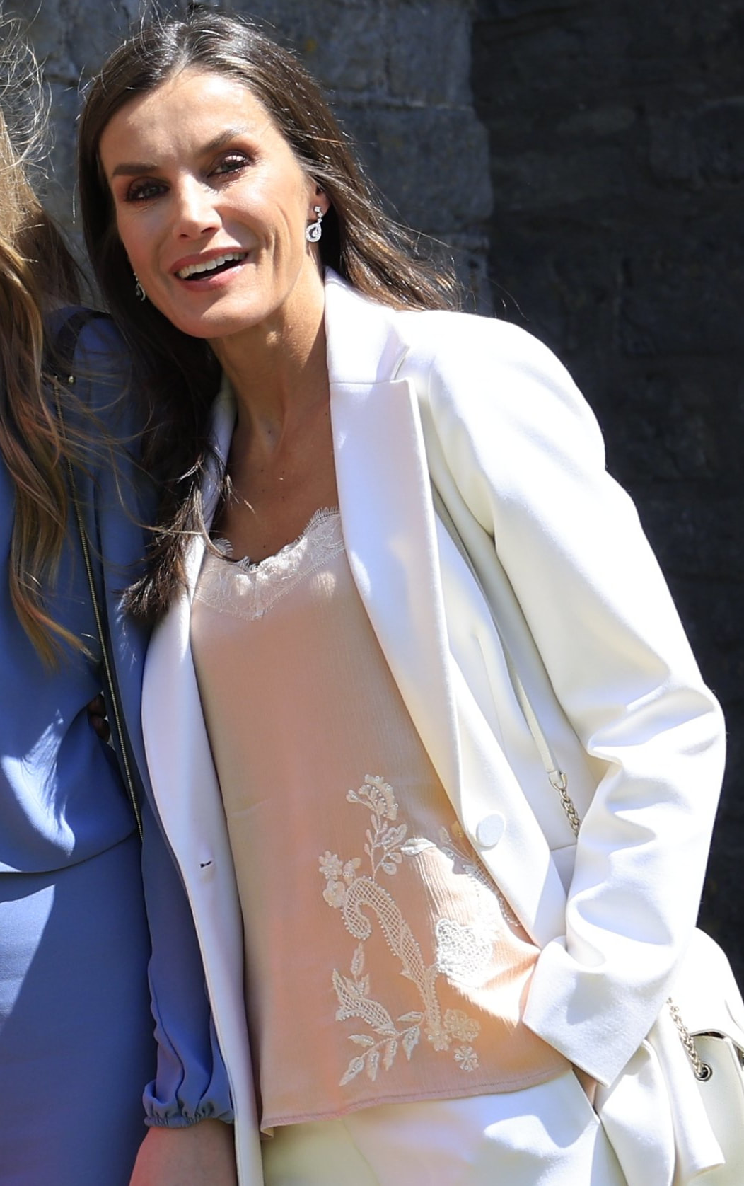 Queen Letizia wears Zara Embroidered Camisole Top in Nude Pink
