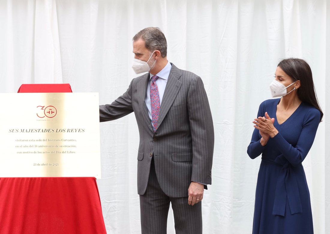 King Felipe VI and Queen Letizia unveil a commemorative plaque at Cervantes Institute on World Book Day