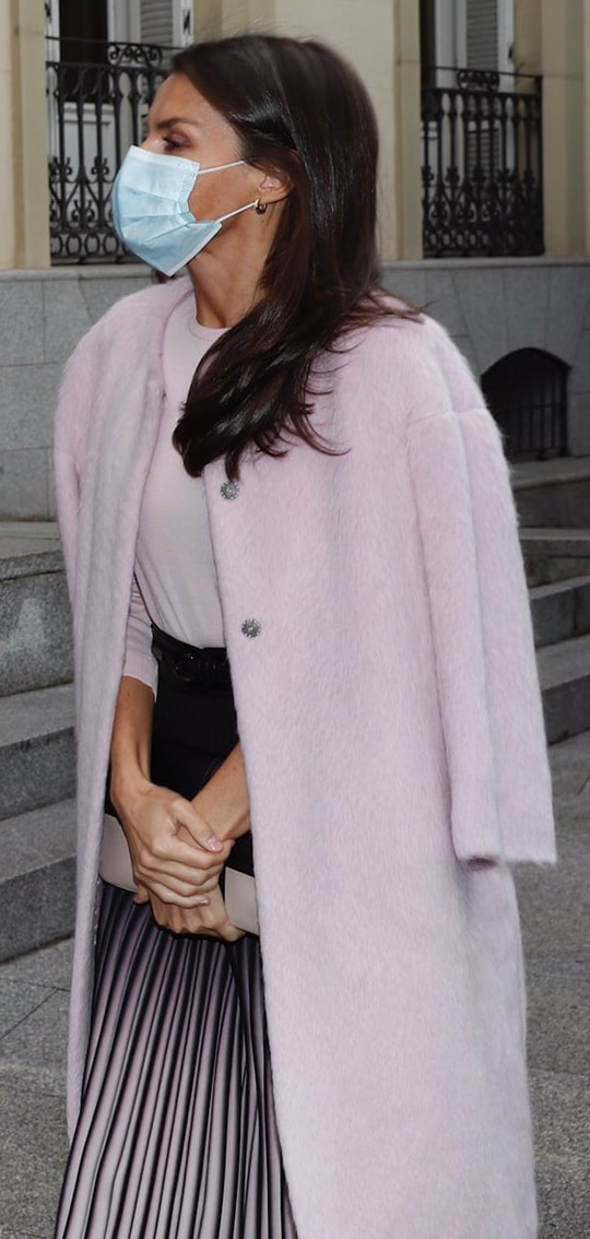 Queen Letizia wears Carolina Herrera pink brushed wool coat