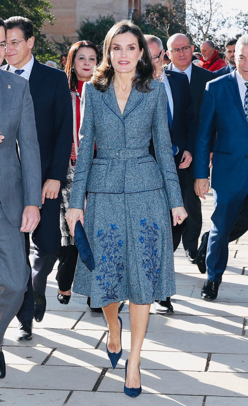 Queen Letizia wears grey-blue Felipe Varela belted wool jacket with embroidered box-pleat skirt