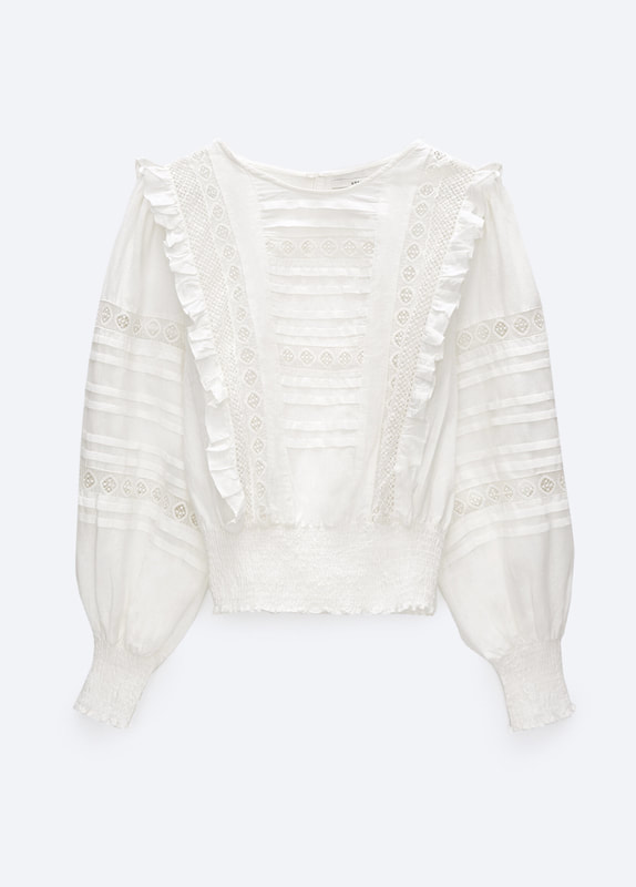Uterqüe white linen blouse with lace trims