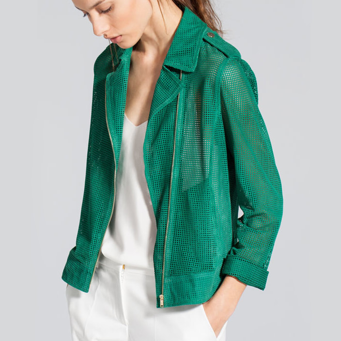 Uterque Perforated Suede Jacket in Green