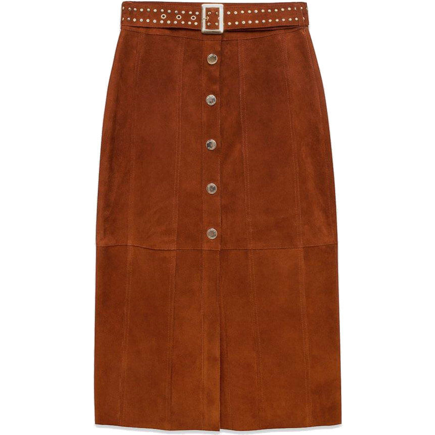 Uterque Suede Leather Pencil Skirt in Brown