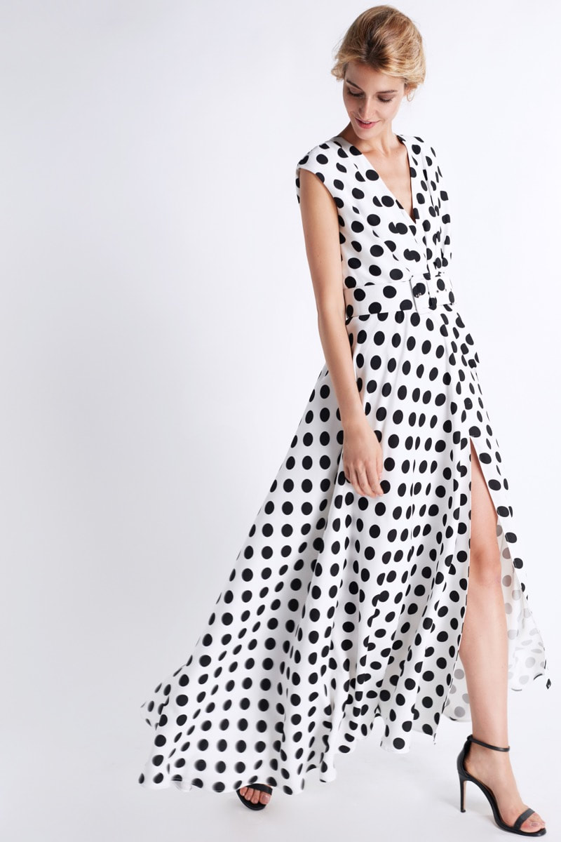 Matilde Cano white and black polka dot dress