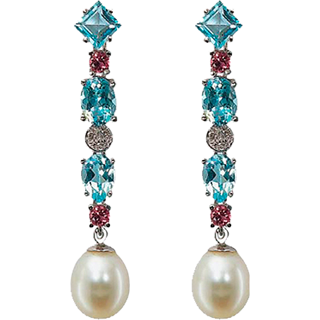 Yanes diamond, aquamarine and pink tourmaline earrings with Australian pearl drops