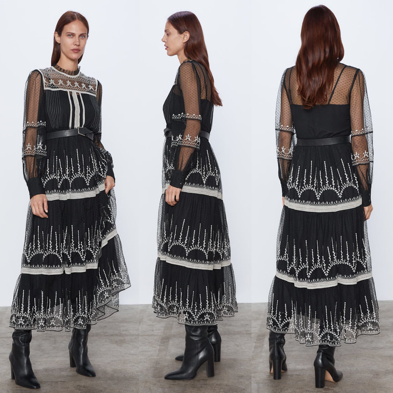 Zara Embroidered Tulle Midi Dress