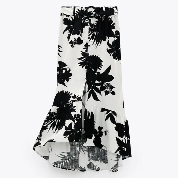 Zara floral print high-low skirt in black & white