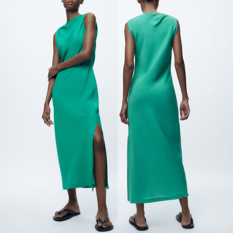 Zara Gathered Linen Blend Dress in Green/Blue